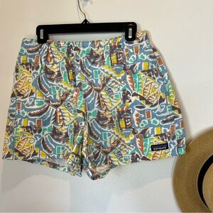 Patagonia Funhoggers 4" Thriving Planet Lago Blue Shorts Women's Size Medium